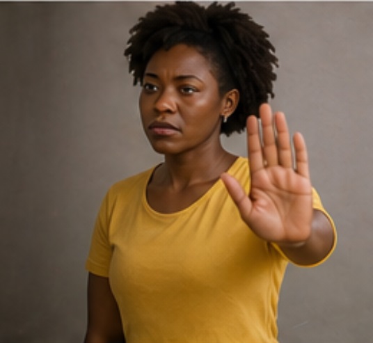 An African lady signaling the setting of boundary with outstretched hand